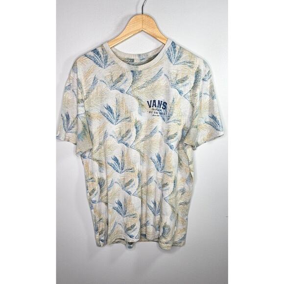 Vans Mens T Shirt Large Gray Tan Blue Off The Wall Palm Tree Hawaiian Print Tee - Picture 1 of 8
